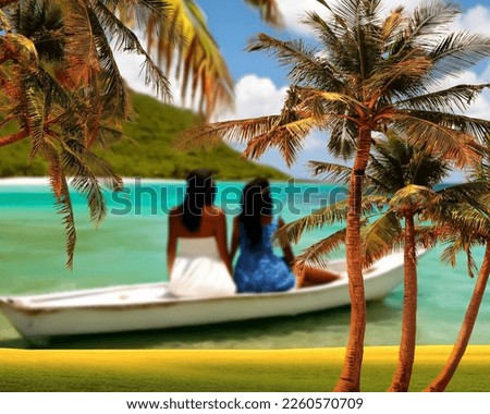 woman on tropical beach ,palm trees Sea And Sun ,Boat on horizon colorful impressionism art painting Monet Style 3 d  illustration