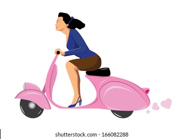 Woman On Vintage Scooter Vespa Pink