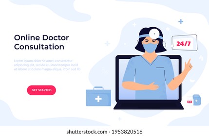 Woman Otolaryngologist Doctor In Protective Mask And Head Reflector Consults Online By Video Call On Laptop. Ent Clinic. Telemedicine Concept. Chat With A Medical Worker. Web Page Template