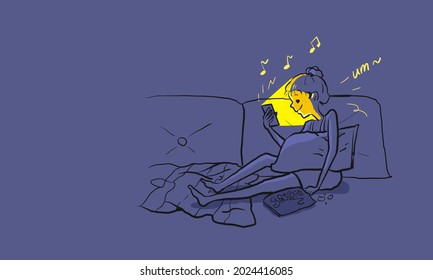 Woman Person Character Spending Summer Night Home Vacation. Homebody, Couch Potato, Playing Alone, Staycation, Social Distance, Cell Phone, Snack, Holiday, Weekend And Holiday Hand Drawn Illustration 