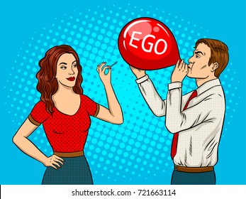 Woman pierce balloon with needle pop art retro raster illustration. Ego destruction metaphor. Comic book style imitation.