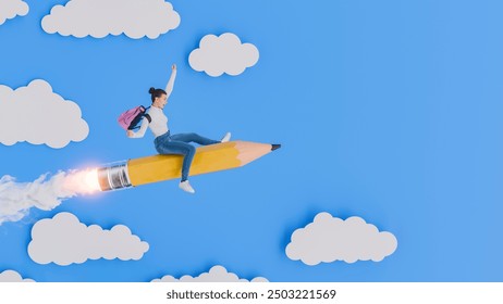 A woman with a pink backpack rides a rocket-powered yellow pencil flying through flat, white clouds against a blue background. Creativity, education, and imaginative exploration. 3d rendering. - Powered by Shutterstock