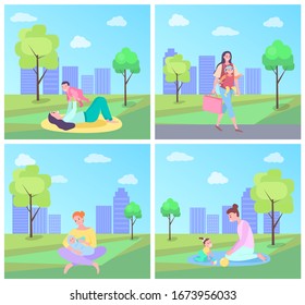 Woman Playing With Kid Raster, People In City Park Having Fun. Newborn Child With Mom, Woman Carrying Handbag, Feeding Baby On Nature With Green Trees