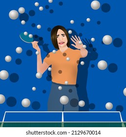 A Woman Playing Table Tennis Is Overwhelmed By Many Ping Pong Balls Coming At Her At Once. This Is A 3-d Illustration About Being Overwhelmed.