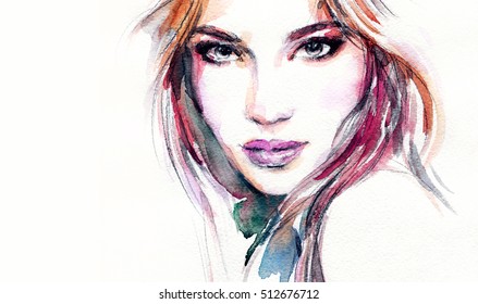 Woman portrait. Fashion illustration. Watercolor painting