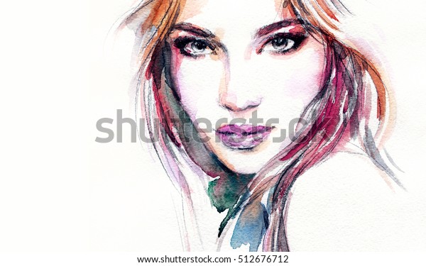 Woman Portrait Fashion Illustration Watercolor Painting Stock ...