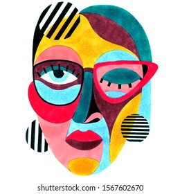 Woman portrait with glasses in modern abstract style. Hand drawn raster illustration for your contemporary fashion design.