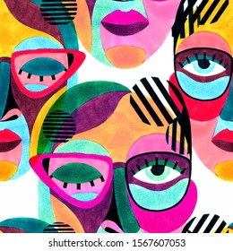 Woman Portrait With Glasses In Modern Abstract Style. Hand Drawn Raster Seamless Pattern For Your Contemporary Fashion Design.