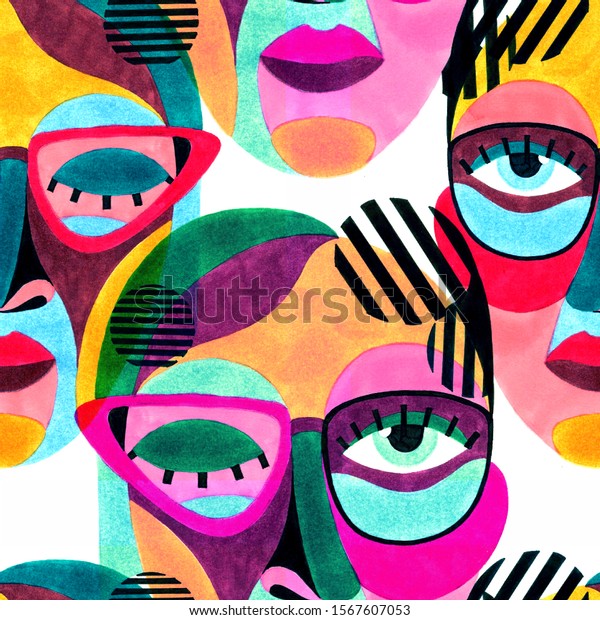 Woman portrait with glasses in modern abstract wall murals style. Hand drawn raster seamless pattern for your contemporary art.