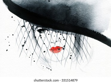 woman portrait with hat .abstract watercolor .fashion illustration