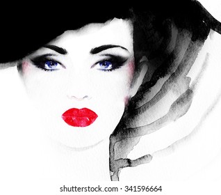 woman portrait with hat .abstract watercolor .fashion illustration