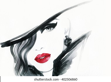 Woman Portrait With Hat .abstract Watercolor .fashion Background