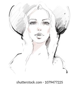 Woman Portrait In Hat Fashion Illustration. Beautiful Pencil And Watercolor Sketch.