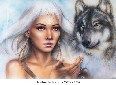 woman portrait with ornament tattoo on face with spiritual wolf and feathers jewelry. Painting