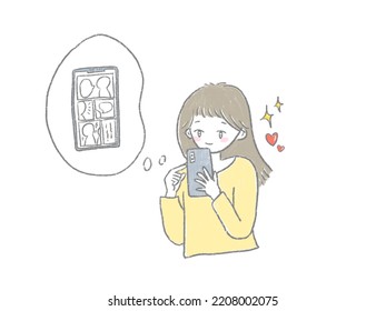 A Woman Reading An Ebooks Manga On Her Smartphone Hand-drawn Illustration