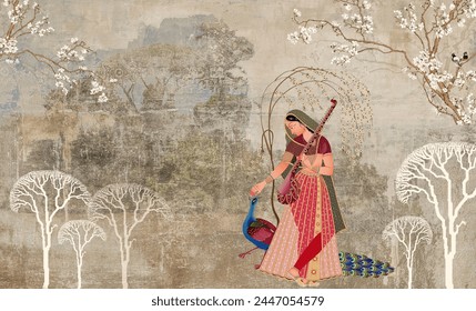 woman in red dress , beautiful traditional woman with peacock for digital printing.. - Powered by Shutterstock