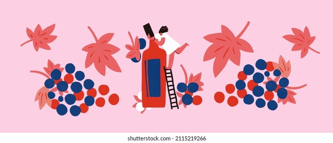 woman in red dress holding huge red wine bottle. Wine lover concept. Funny colored typography poster, apparel print design, bar menu decoration - Powered by Shutterstock