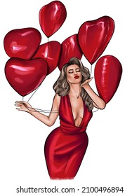 A woman in red dress holds red balloons in the shape hearts in her hands  A girl and lush wavy blonde hair blows kiss  Illustration