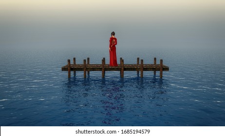 Woman in red dress standing on a pontoon in the middle of the ocean . This is a 3d render illustration . 