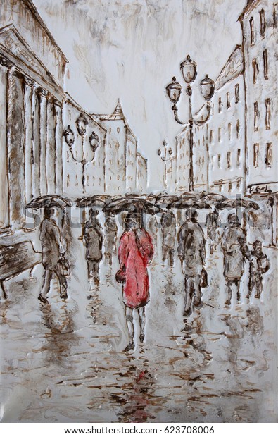 Woman Red Dress Walking Under Rain Stock Illustration 623708006