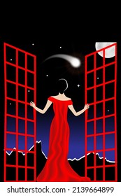 A Woman In A Red Gown Opens French Doors And Observes A Comet Streaking Across The Night Sky.