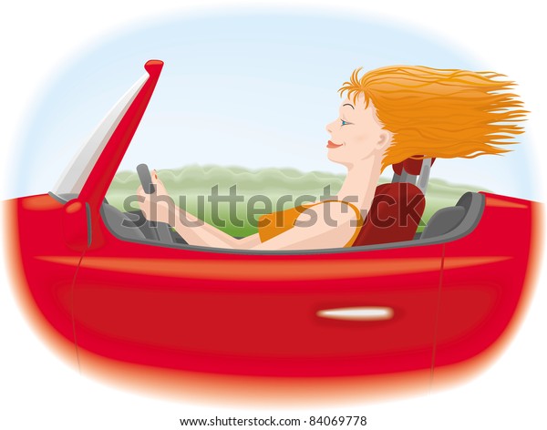 Woman with red hair driving\
red car