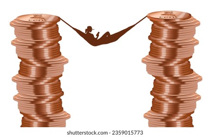 A woman relaxes in a hammock between stacks of pennies she has saved for her retirement in this 3-d illustration. - Powered by Shutterstock