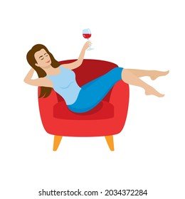 Woman relaxing in an armchair   drinking wine illustration  Happy woman resting and hands behind her head icon  Young woman sitting in red chair icon isolated white background
