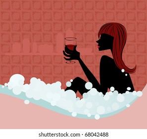 Woman Relaxing With A Glass Of Wine While Taking A Bath. Vector Also Available