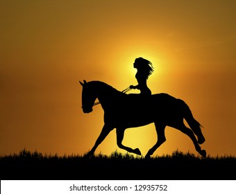 Woman Riding Horse At Sunset