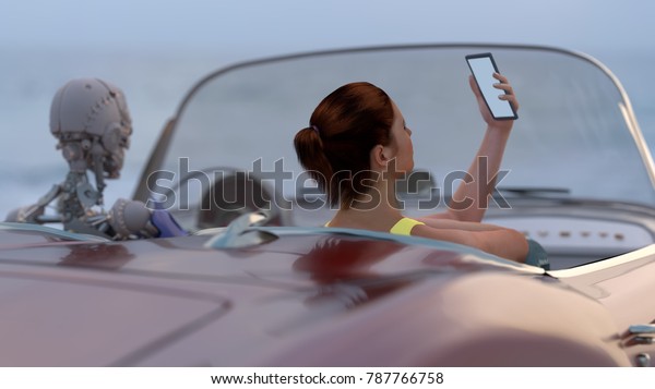 woman and robot\
drive a car, 3d\
illustration\
