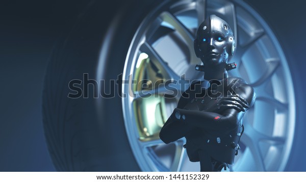 woman robot on the background of the automobile
wheel. 3D
rendering