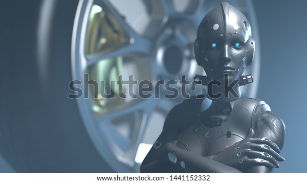 woman robot on the background of the automobile\
wheel. 3D\
rendering