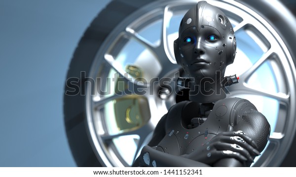 woman robot on the background of the automobile\
wheel. 3D\
rendering