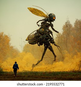 Woman Running Away From A Giant Mechanical Wasp.