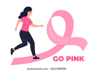 Woman running marathon on a pink ribbon road in support of breast cancer patients. October Awareness Month on Women`s Health - Powered by Shutterstock