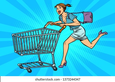 Woman running with shopping cart. Pop art retro  illustration vintage kitsch - Powered by Shutterstock