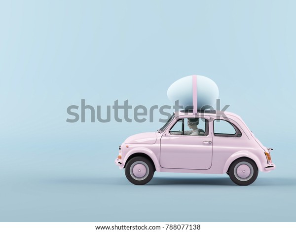 woman\
rush in a car with easter egg on roof. 3d\
rendering
