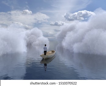 woman is sailing in a boat through the clouds, 3d illustration