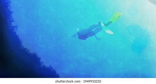 Woman Scuba Diver Underwater. Artistic Work