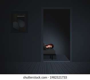 A Woman Is Seen Wide Awake In A Bed Inside A Doorway Of An All Gray Colored Room In This 3-d Illustration About Insomnia.