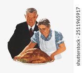 Woman serving turkey, vintage Thanksgiving illustration by Norman Rockwell. Remixed by rawpixel.
