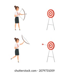 Woman Shooting Target. Business Lady Win, Manager Holding Bow And Arrows. Girl Hit Goal Concept