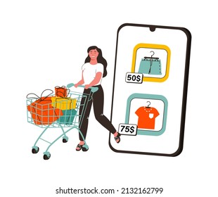 Woman with shopping cart buy presents, gifts online in store or shop through mobile application. Concept of sale, discount special coupon for web banner, ads or socila media and emails. Black friday.