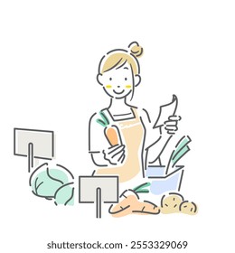 A woman shopping for groceries at a supermarket. Simple and stylish line drawing illustration - Powered by Shutterstock