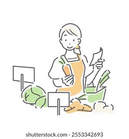 A woman shopping for groceries at a supermarket. Simple and stylish line drawing illustration - Powered by Shutterstock