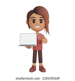 Woman Showing Laptop Screen 3d Illustration