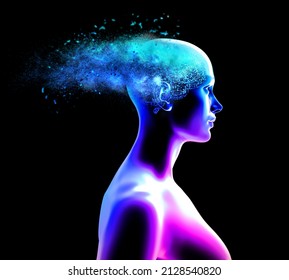 Woman side view, memory lapses, forgetting things, degenerative disease. Brain problems. Parkinson and alzheimer desease. Mental health. Stroke, synapses and neurnons interaction. 3d rendering
