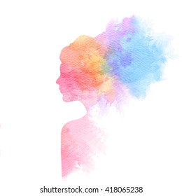 Woman silhouette plus abstract water color. Digital art painting.