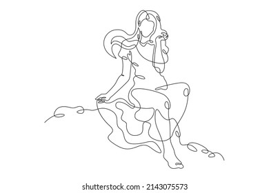 Woman sits the edge cliff Young woman sits alone rock  Romantic anticipation Teenager is sad in loneliness One continuous line drawing Girl and luxurious hair in dress Line Art